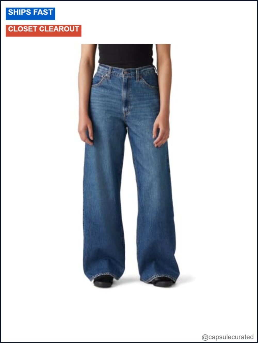 High Rise Baggy Straight Leg Jeans - Non-Stretch Cotton, Adjustable Waist